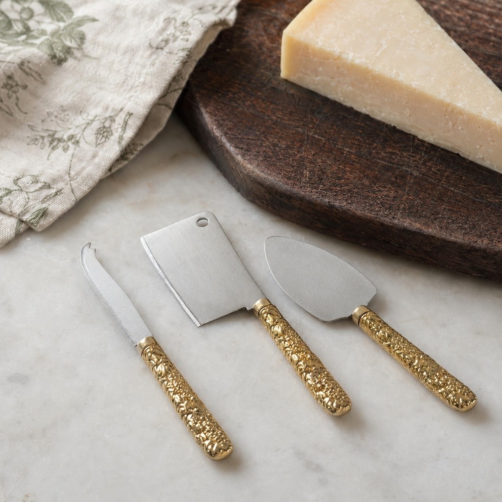 Vintage 3pc Cheese Knife Set Gold Grape Vine Handles Stainless Steel Taiwan
